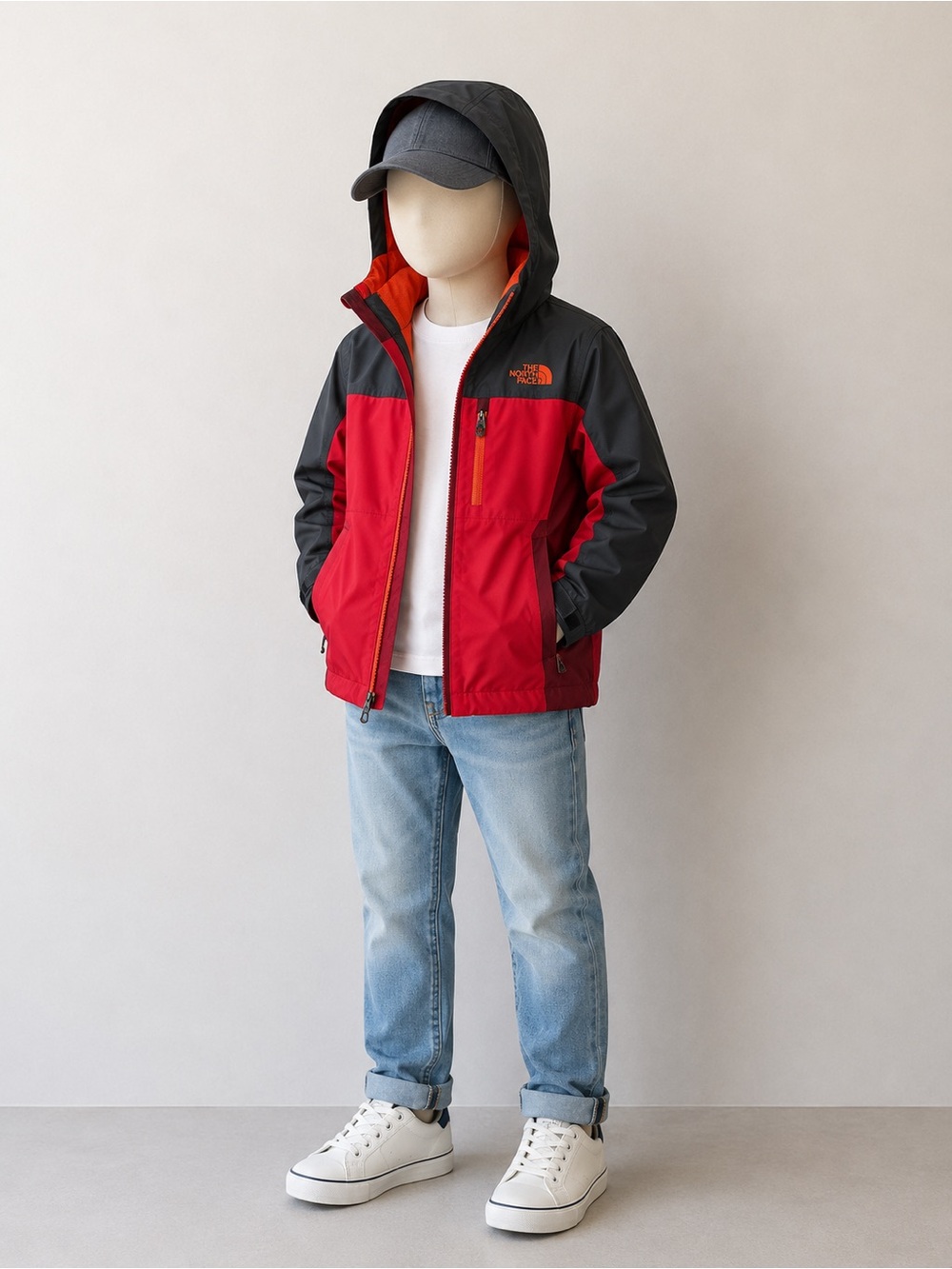 The North Face Boys 7/8 S Red Gray Hooded Rain Jacket HyVent Styl
